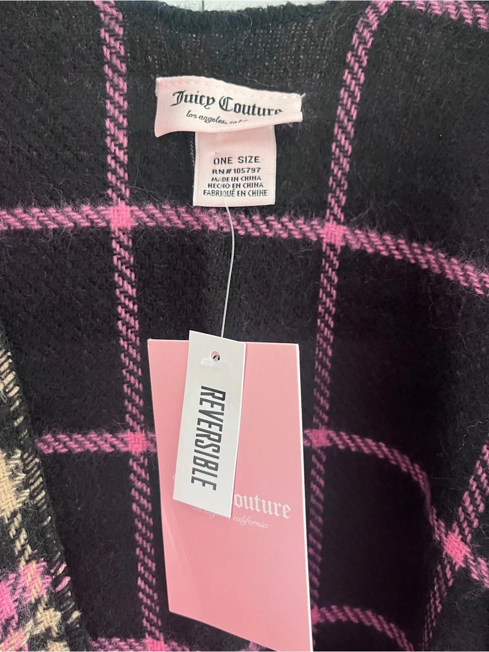 Juicy Couture Pink and Black Plaid Fringe Cape Poncho
